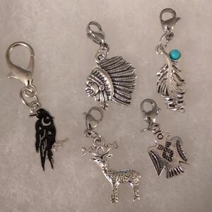 Silver Charm Set with Feather, Headdress & Animal Motifs - Turquoise Accent